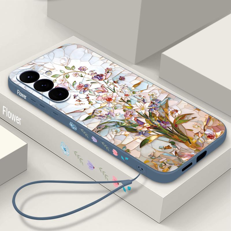 Small Flower Print Phone Case For Samsung Galaxy A57 A17 A56 A16 A55 A15 A54 A36 S25 FE S26 S24 S23 S22 Ultra Soft Lanyard Cover