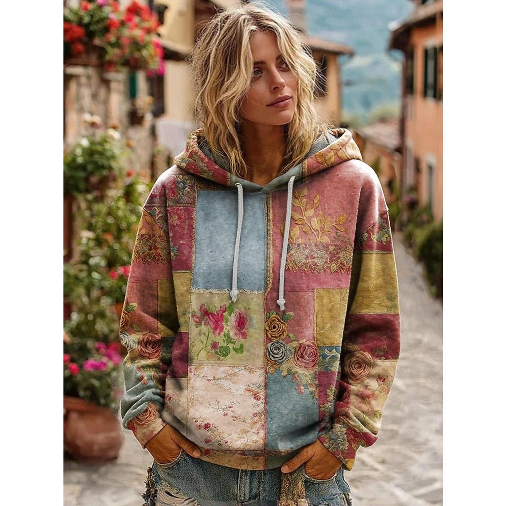 Women's Hooded Long Sleeve Printed Sweatshirt Loose Fit Casual Pullover Top