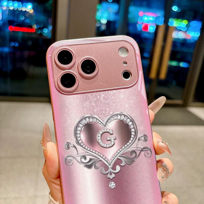 Sparkle Heart Monogram G Pink Metallic Glass Phone Case For iPhone 11 12 13 14 15 16 17 Pro Max Plus 17Air 16E 7 8 XsMax X Cover