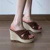 Fashion Women's Thick Bottom Slippers Summer Outdoor Wear Roman Straw Weave Wedges High Heels Sandals Casual Heightening Brown Slides