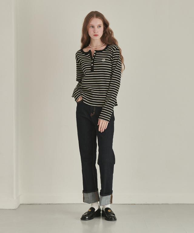 RONRON Henryneck Long Sleeve Ecru Black Stripe