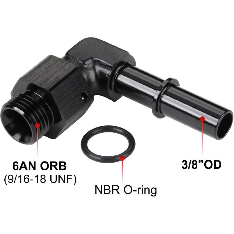6AN -6 ORB Male To 3/8" SAE Quick Disconnect Connect Male Push On 90 Degree EFI Fuel Fitting Adapter Aluminum Black