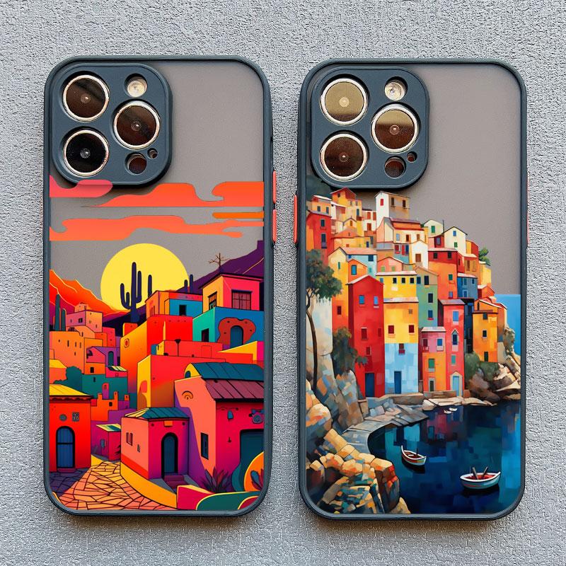Urban Seaside Town Phone Case For iPhone 16 15 14 13 12 11 Pro Max Mini X XS XR SE 7 8 Plus Shockproof Matte Hard Cover Fundas
