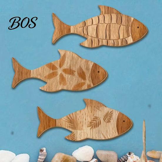 Rustic Ocean Decor 3Pcs/Set Bathroom Fish Wall Decoration, Wooden Art Decoration Sculpture, Nautical Hanging Ornament for Beach Lake House Sea Theme