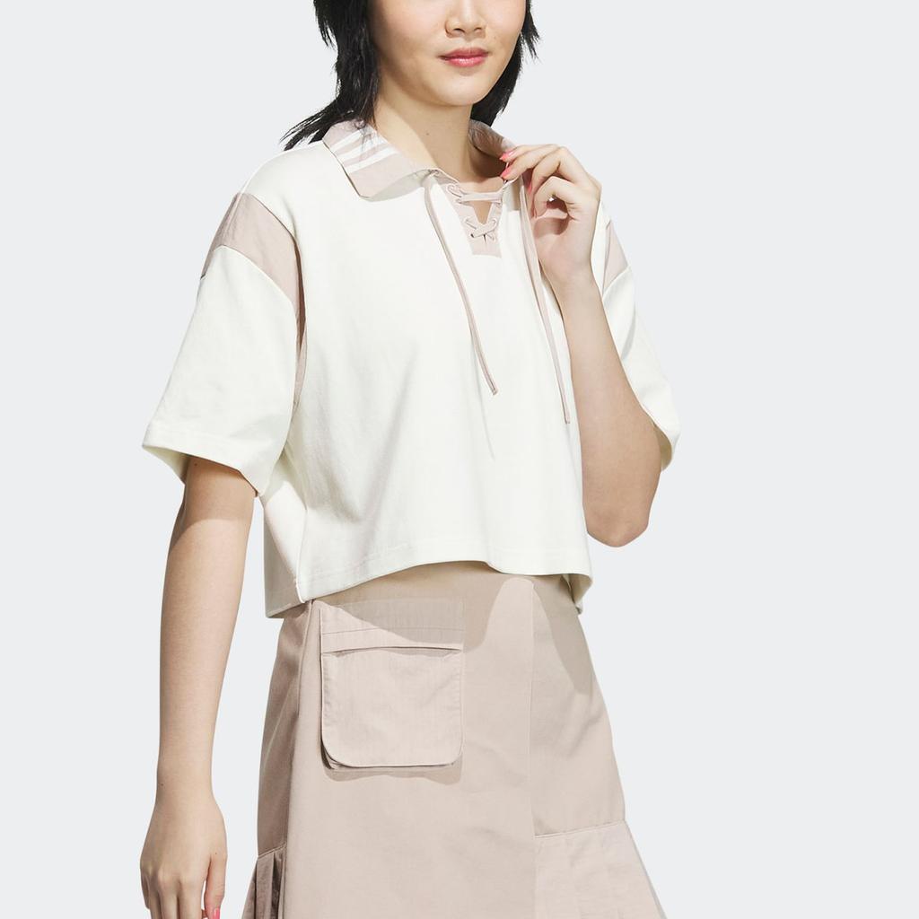 Adidas Neo Logo Embroidered Patchwork Polo Fit Short Sleeve T-Shirt Women Tops White IK6081