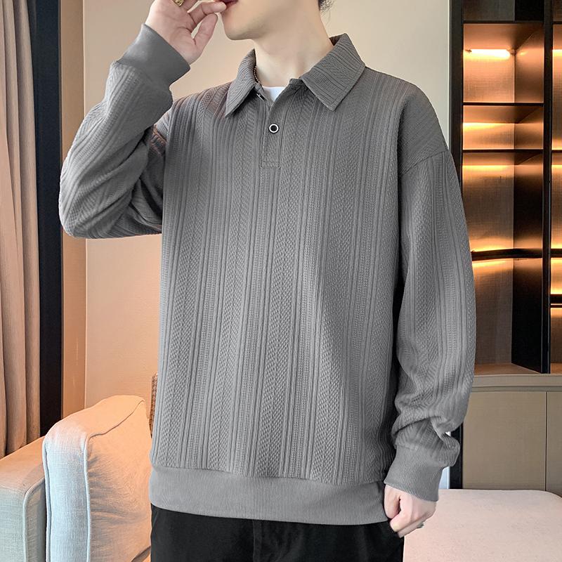 Pánská textura pletená polo mikina, bílá s dlouhým rukávem, ležérní top s knoflíkovým límcem, regular fit, streetwear styl pro každodenní nošení