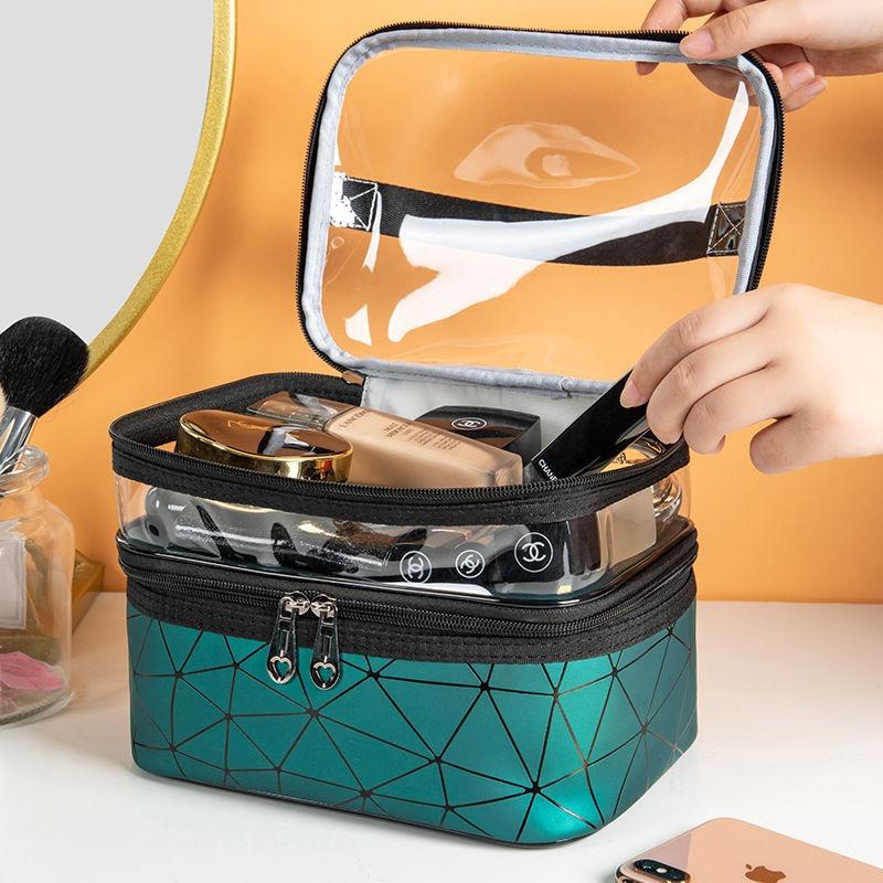 Double-layer cosmetic bag, large capacity and multi-function, multi-layer women's portable travel makeup and skin care product storage, toilet bag.