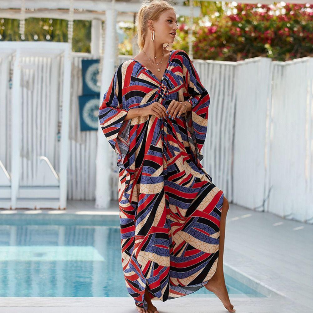 Lässige Boho Bikini Cover-ups Blattdruck Übergroßes Strand-Cover-Up Offene Vorderseite Langes Kleid Strandmode Für Damen