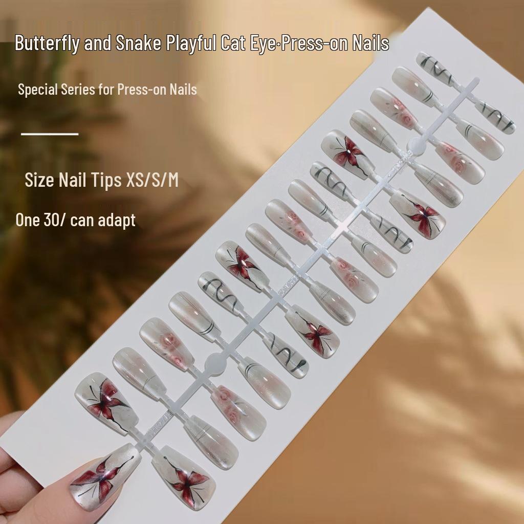 

Stylish Cat Eye Nail Art: Playful Butterfly & Snake Designs, Exquisite Spicy Girl Style, Fake Nails