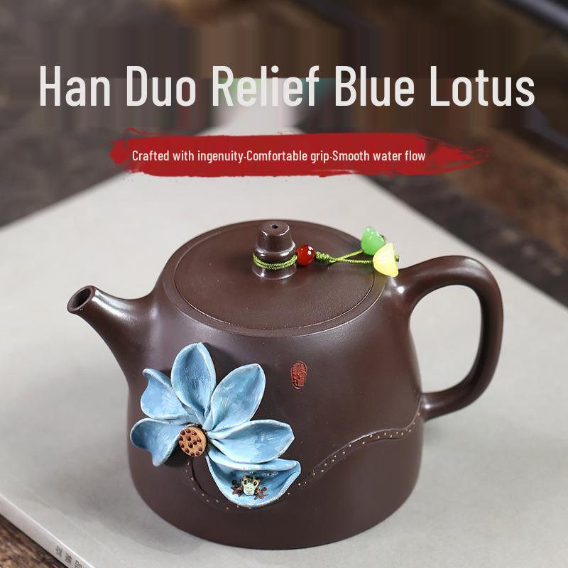 Han Duo Handcrafted Blue Lotus Zisha Teapot and Teacup Set for Kung Fu Tea Ceremony