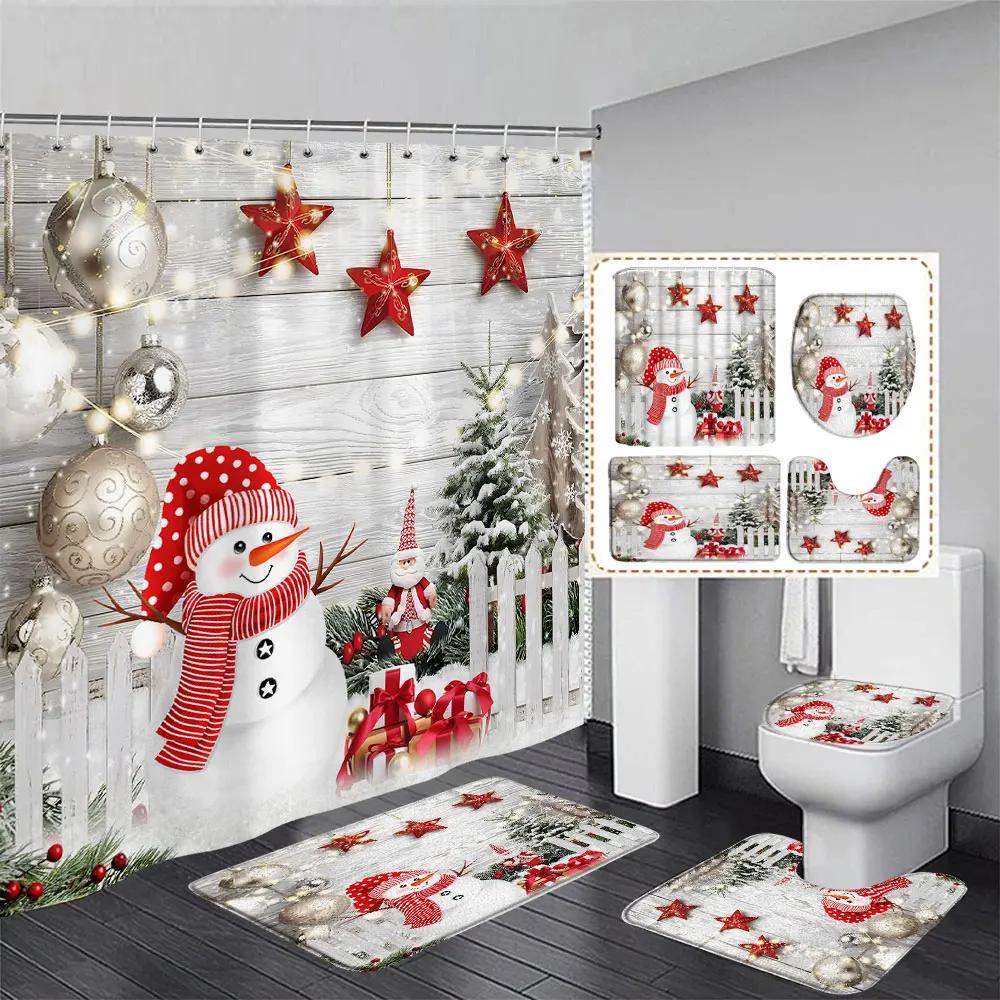 Niedlicher Schneemann-Weihnachts-Duschvorhang-Set, silberne Tannenzweige, Schneeflocken-Weihnachtskugeln, Badezimmer-Dekor, Teppich, Badematte, Toilettendeckelbezug