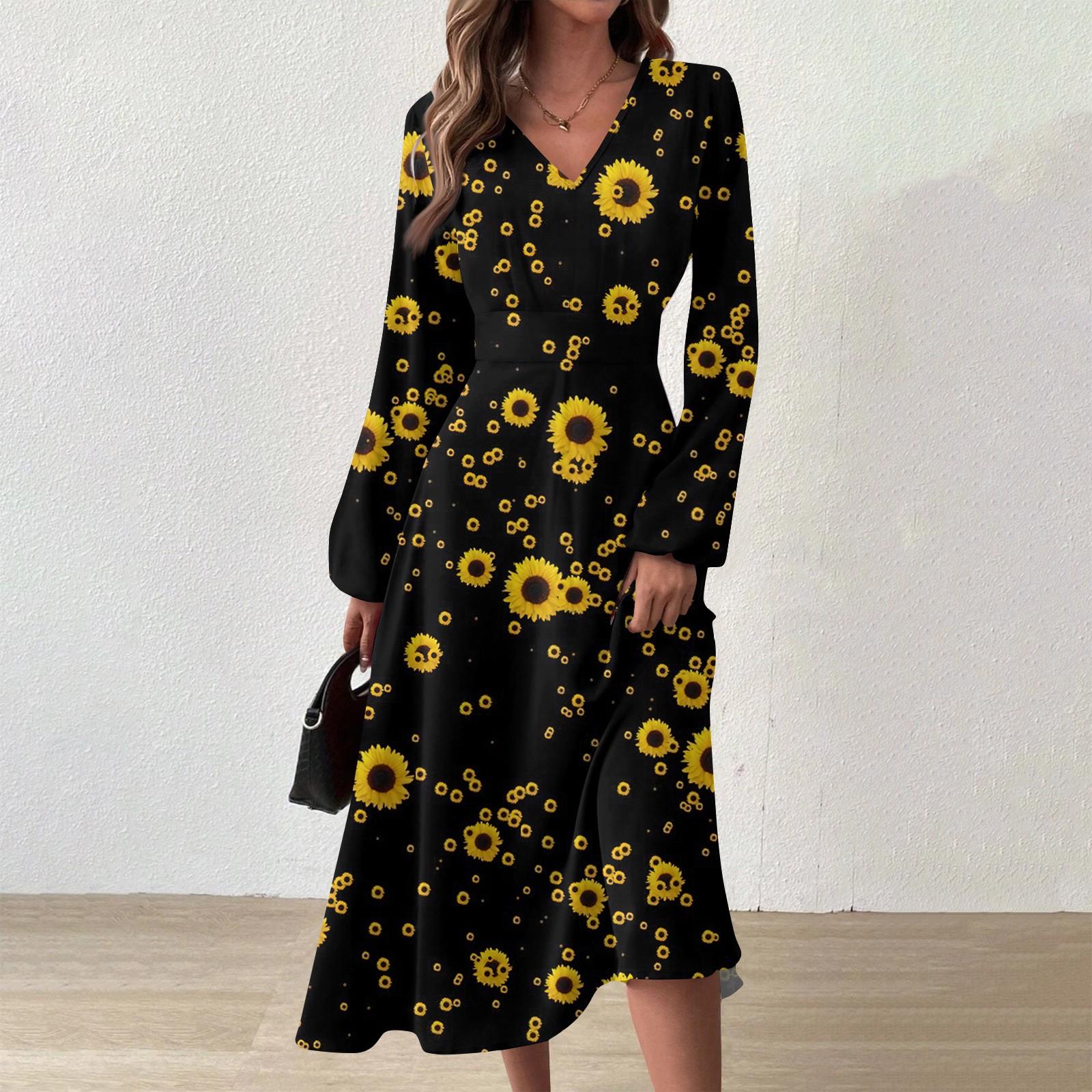 

Женское осенне-зимнее повседневное модное длинное платье с v-образным вырезом и длинным рукавом с принтом XL жёлтый