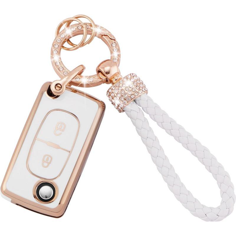 Gold-Rimmed Car Key Set with Diamond Ring Pendant Key Chain