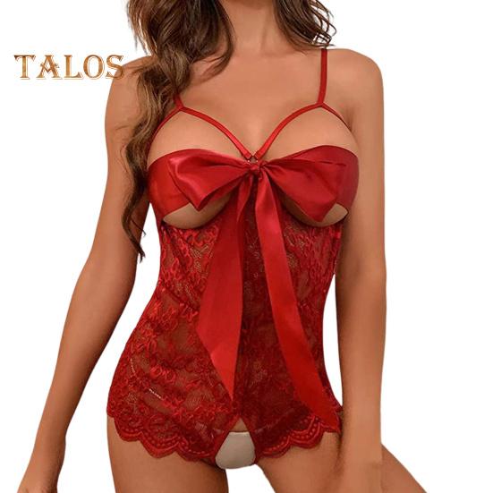 Body sexy para mujer con cordones, lazo, espalda descubierta, sin mangas, fino, transparente, con encaje, entrepierna abierta, bordado de flores, tirantes finos, ajustado, para boda y noche