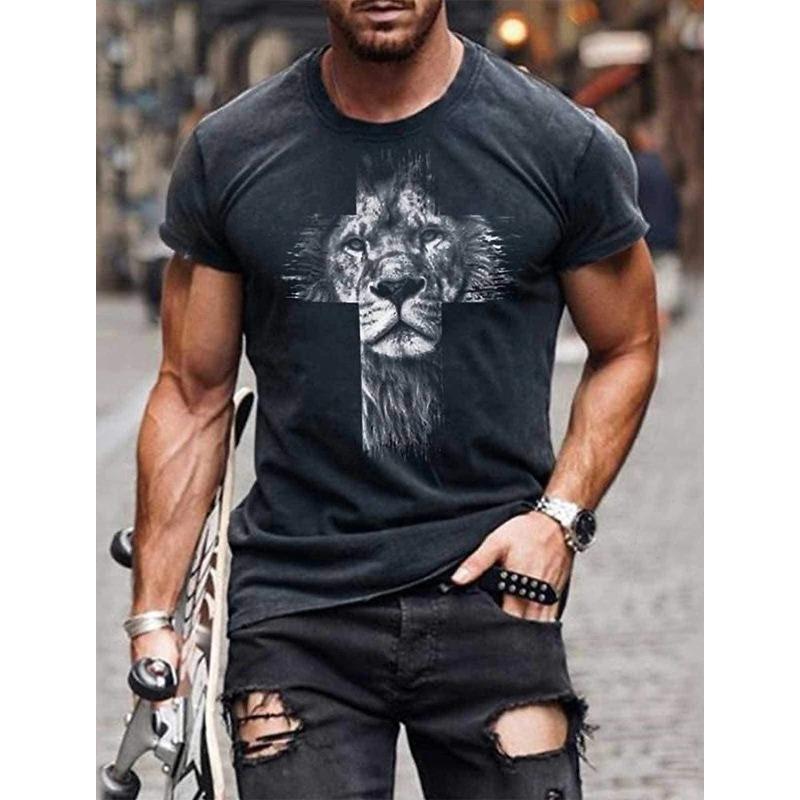 Men's Neutral T-Shirt Lion Print Round Neck Black and White 3D Printed Outdoor Street Short Sleeve Printed Clothing Sportswear