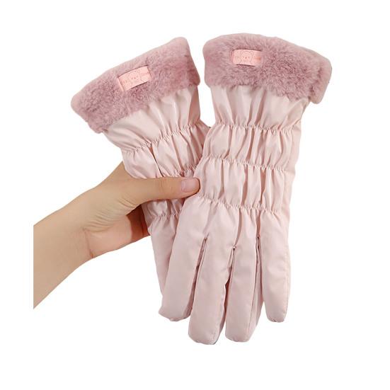 1 Pair Women Fall Winter Gloves Thick Plush Lined Waterproof Windproof Five Fingers Gloves