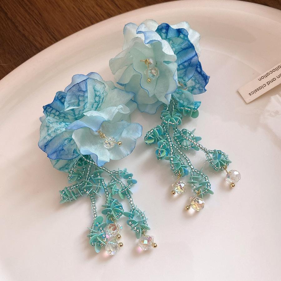 New blue flower fringed earrings, fresh niche design studs, women's summer vacation earrings
