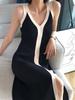 Contrast Spliced Halter Maxi Dress For Women V Neck Backless Front Split Ladies Holiday Robe