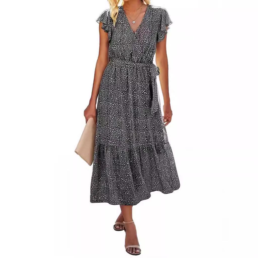 2024 Women's Summer Short-Sleeve Elastic Waist Chiffon Dress