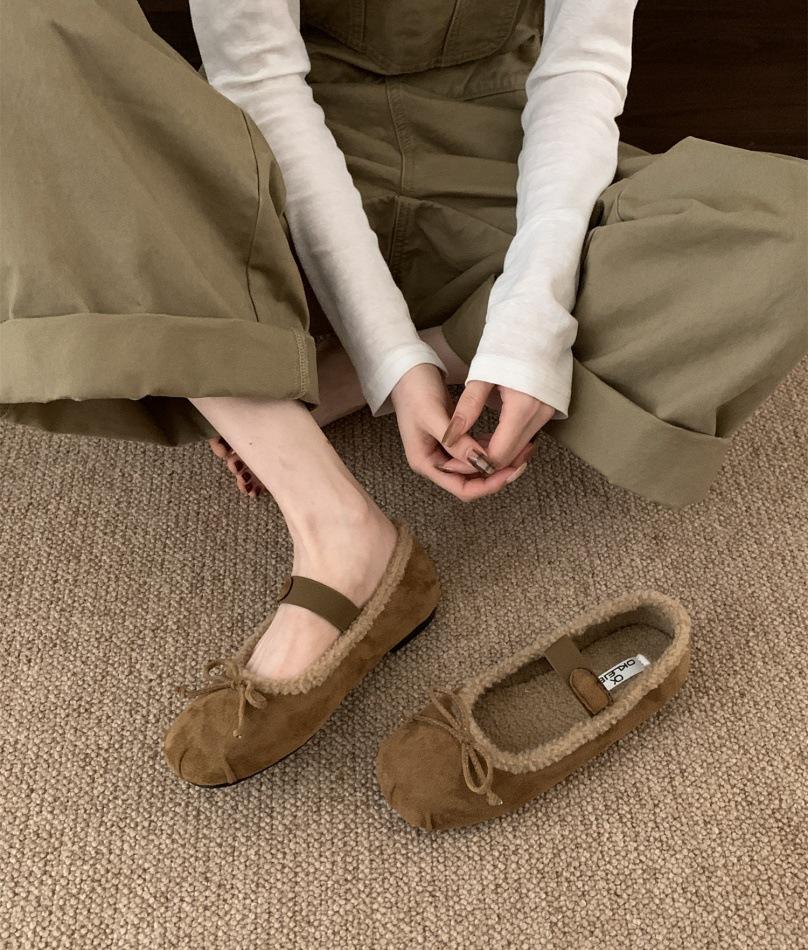 2025 autumn and winter new flat-bottomed bow velvet Mary Jane shoes women's warm ballet shoes lamb wool single shoes