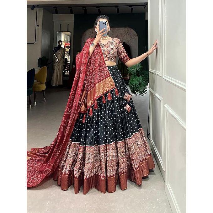 Dámská dokonale Kolekce Tussarové hedvábí Lehenga Choli Patola potisk s fóliovou prací, Nesešitá halenka,