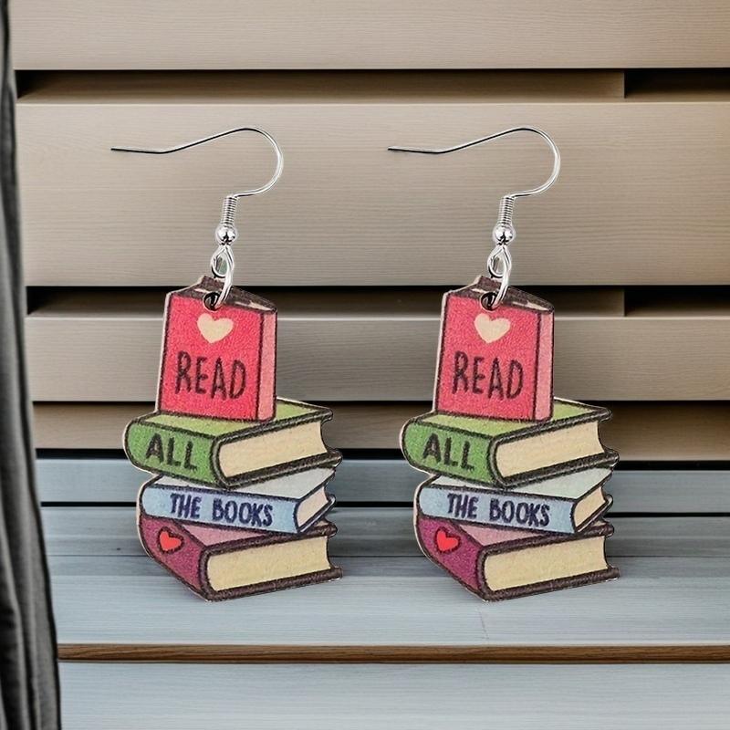 1 Paio Orecchini Pendenti a Forma di Cuore con Design di Libri Colorati Stile Cartone Animato Carino Gioielli in Legno