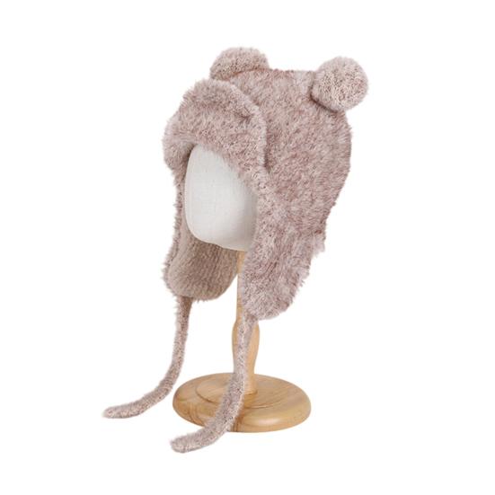 Children Hat with Windproof Rope Cartoon Bear Shape Soft Plush Inner Elastic Warm Hat Boys Girls Winter Headwear