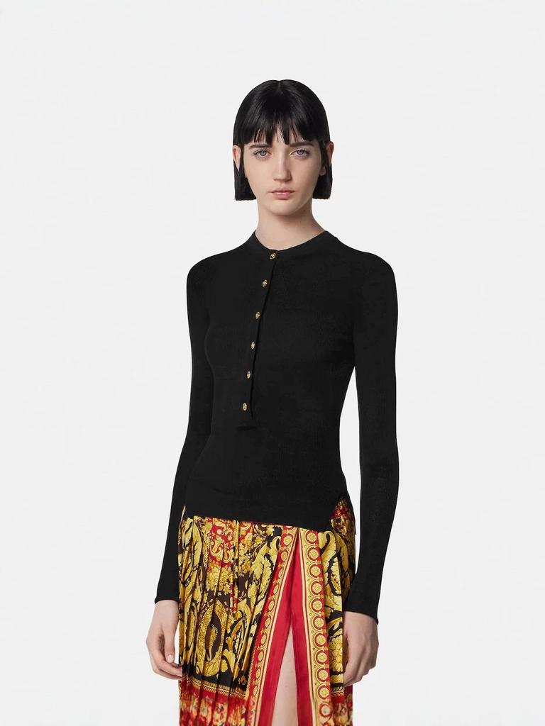 2026 Autumn Black Slim Ribbed Round Neck Half-Button Waist-Cinched Knit Cardigan