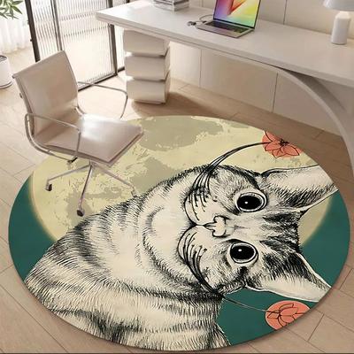 1PC Moonlit Whiskers Office Round Area Rug, Mat Suitable ForOffice, Under Office Chairs Bedroom Living Room Home Decor, Room Deco