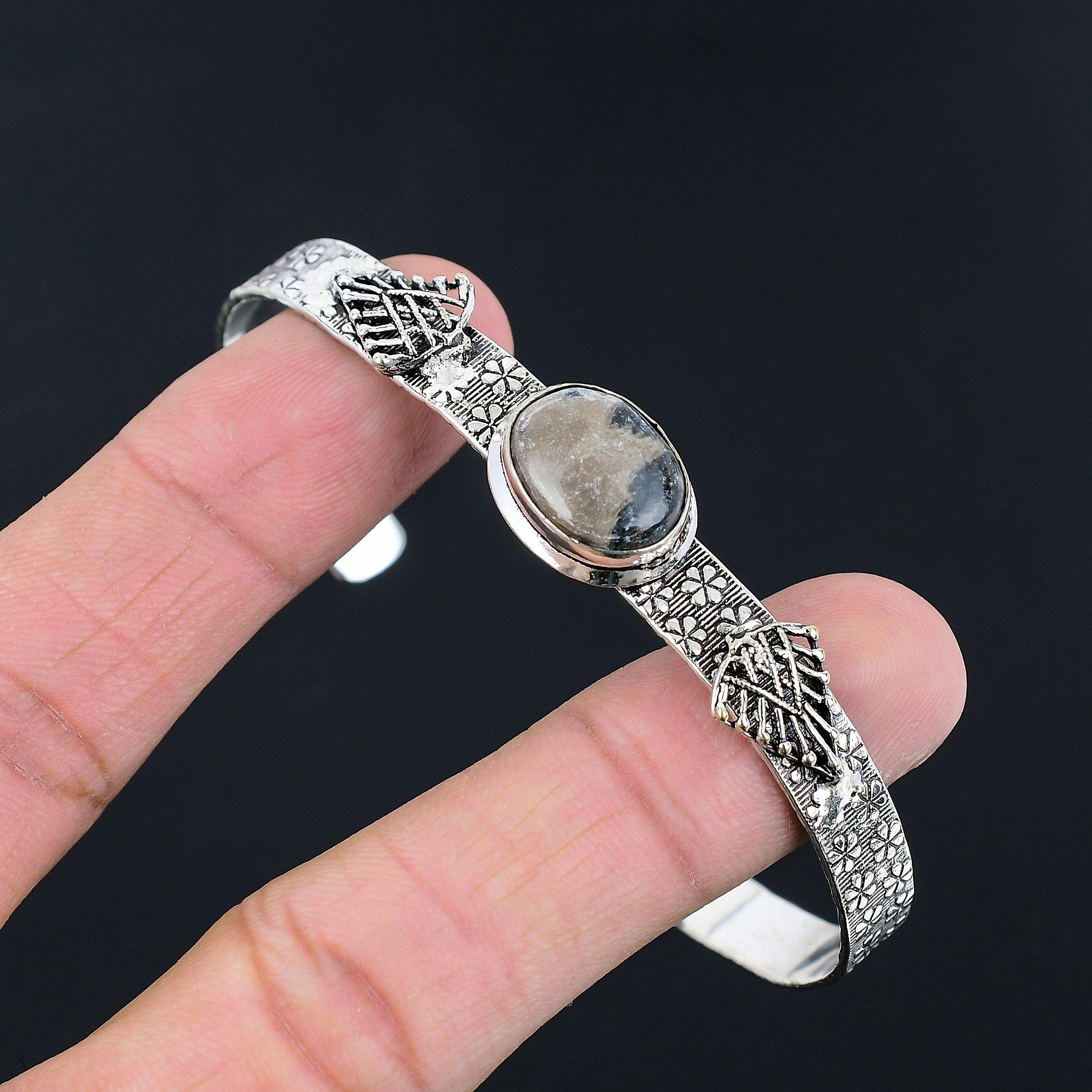 

Gift For Women Bangle Adjustable 925 Silver Natural Spider Web Jasper Gemstone Adjustable