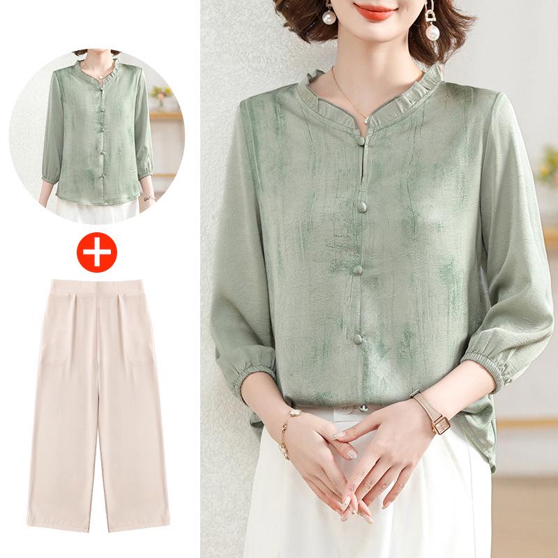 2025 New Spring/Autumn Fashion Set for Middle-Aged Women: Seven-Sleeve Chiffon Blouse