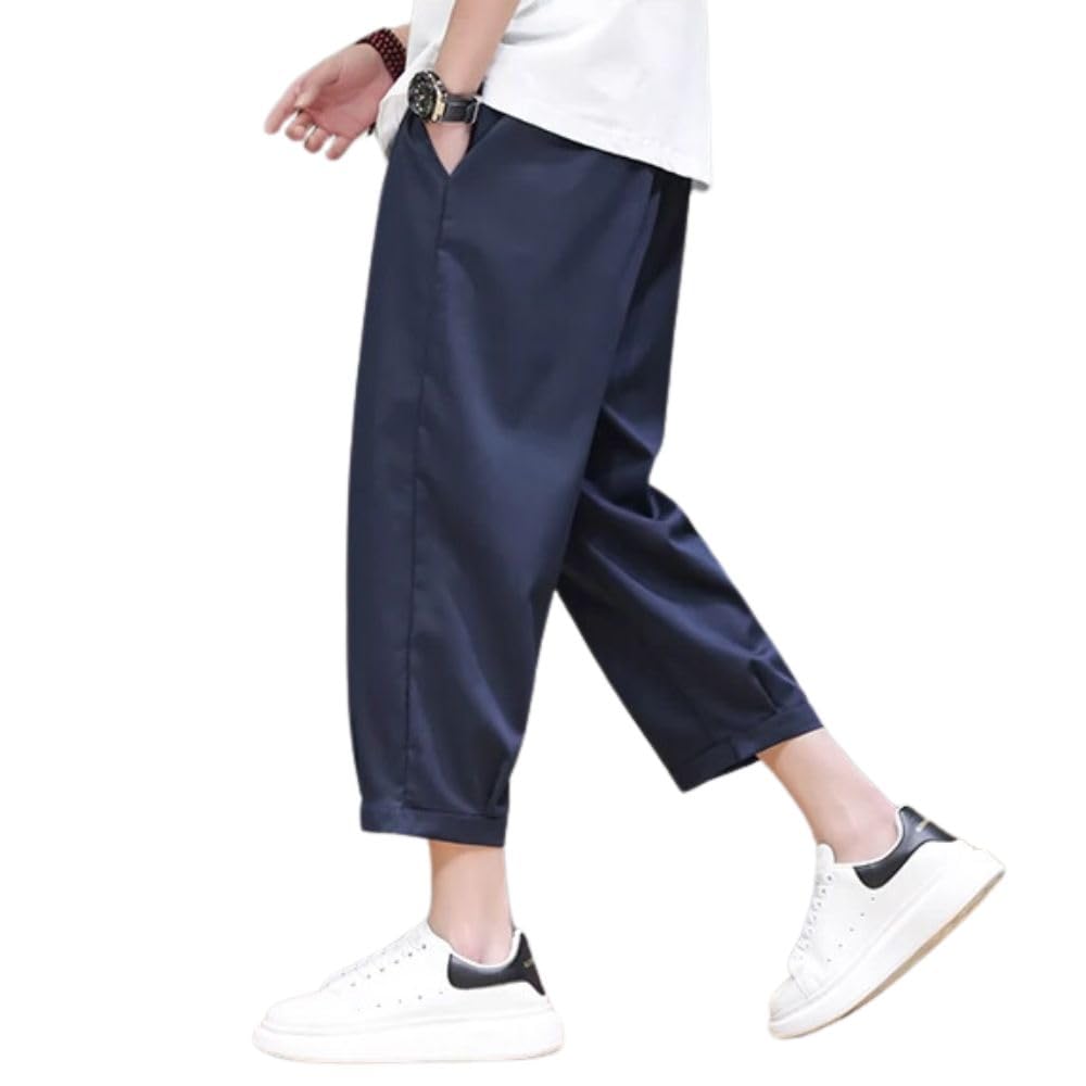

Мужские брюки саруэл, охлаждающие летние брюки, средней длины, длиной 3/4, стильные, популярные, однотонные, темно-синие, XL