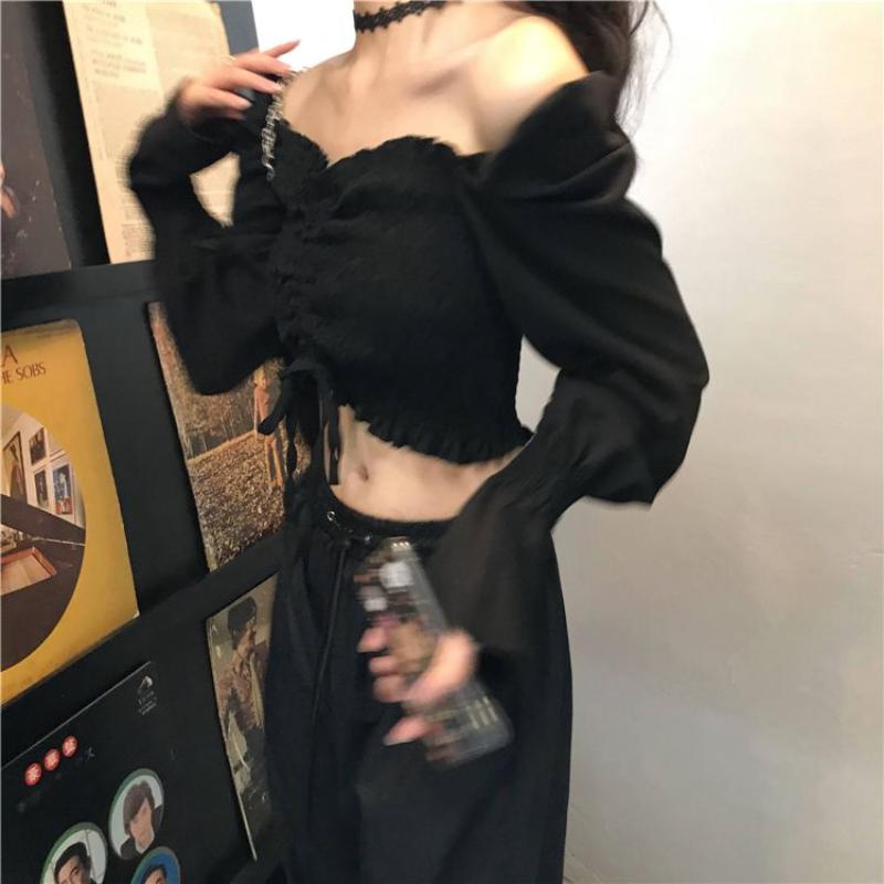 Black Sexy Drawstring Pleat Women Blouse Slash Neck Butterfly Sleeve Cropped Top Hotsweet Elastic Waist Summer Fashion Gothic