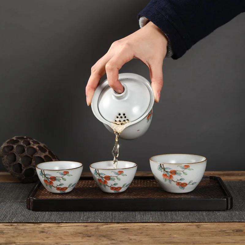 Ruyao Kuaike Cup Ceramic One Pot Three Cups, Car Mounted, Outdoor Hand Drawn, Simple Portable Bag, Travel Kung Fu Tea Set