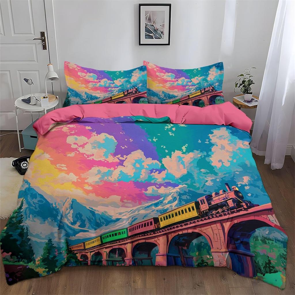 Train Kids Boys Duvet Cover Retro Steam Engine Bedding Set for Teens Railway Track Transport Comforter Quilt Cover Room 2Pcs