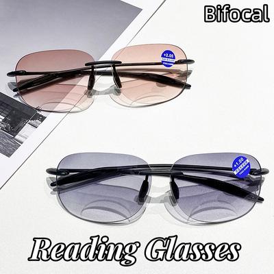 Modische Progressive Bifokal-Sonnen-Lesebrille für Mittleren Alters, Randlose Presbyopie-Brille mit Dioptrien