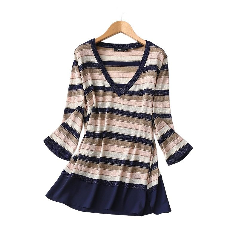 Export Export Chiffon Patchwork Bright Silk Stripes V-neck Sweater Spring & Fall Thin Loose Plus Size Bottoming Shirt Plus Size Ladies