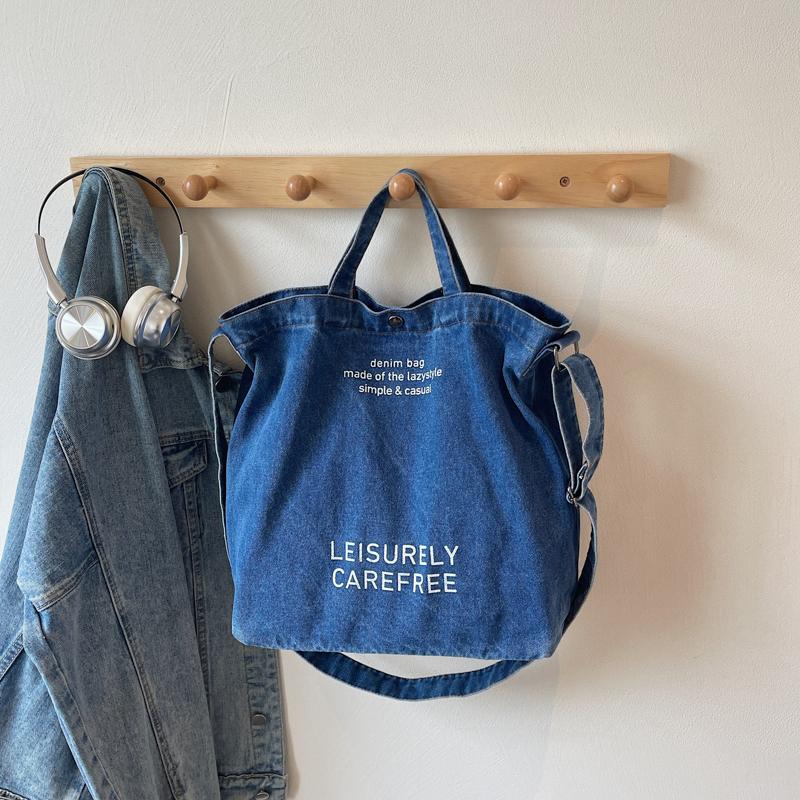 Large Capacity Retro Denim Bag Letter Print Shoulder Bag Women Crossbody Bag