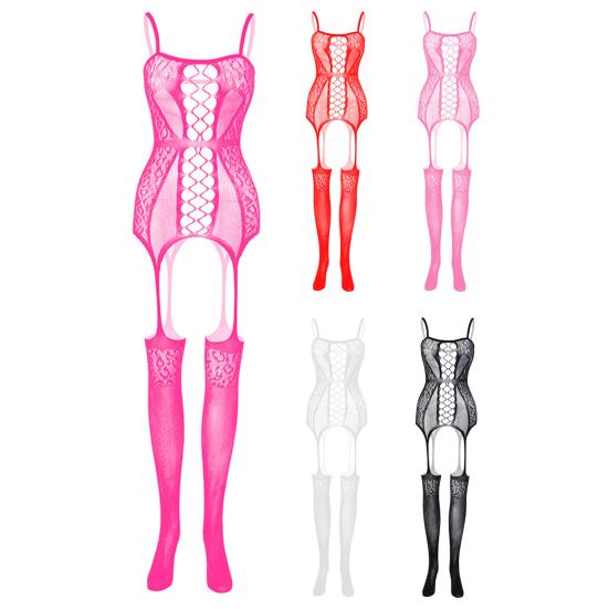 Women Sex Jumpsuit Hollow Out See-through Lace Fishnet Sleeveless High Elasticity Thin Skinny Off Shoulder Lady