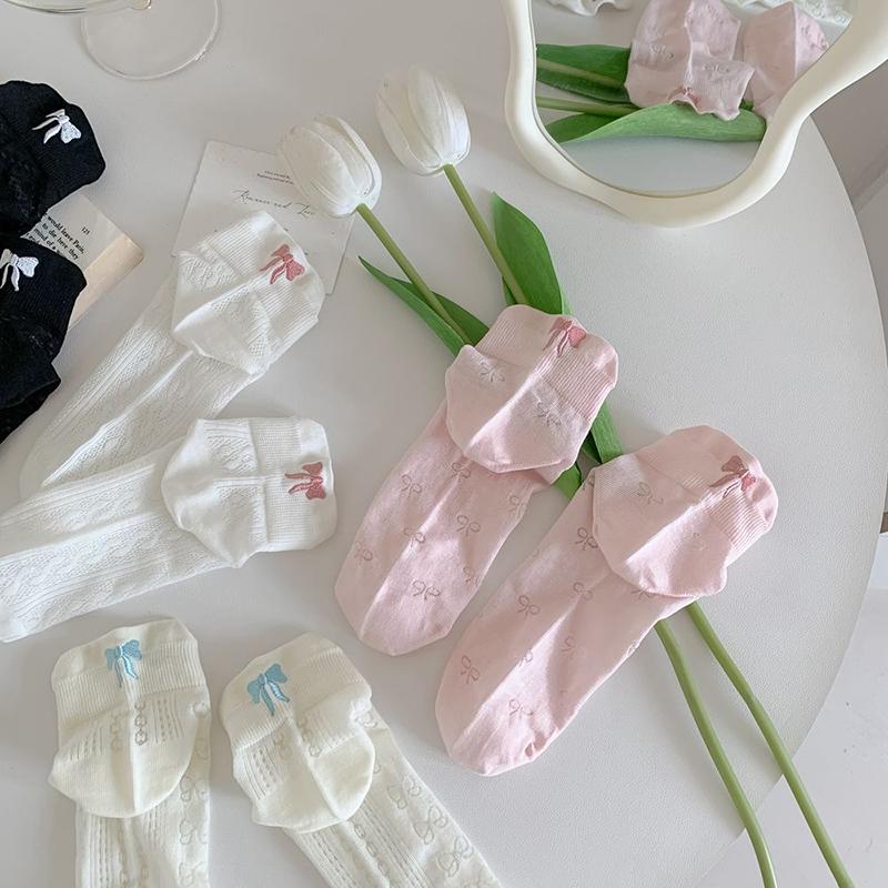 Design Heel Bow Women Short Socks Lolita Kawaii Summer Thin Breathable Hollow Out Low Tube Sock Ins Trend White Cotton Socks