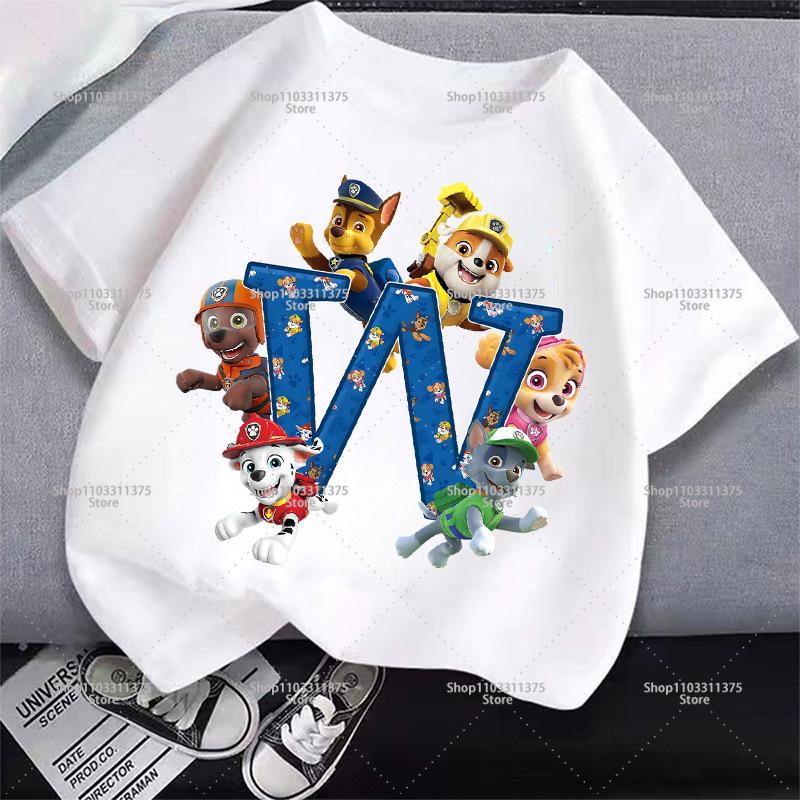 Cute PAW Patrol T-shirt Letter A-Z Boys Girls Clothes Short Sleeve Summer Cartoon Kids Birthday Toddler Cotton Outdoor Wear Gift