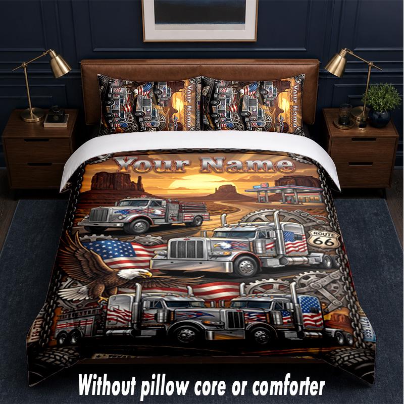 Truck Theme Custom Text Or Name 3Pcs Bedding Set,1 Flat Sheet & 2 Pillowcases Personalized Home Bedding