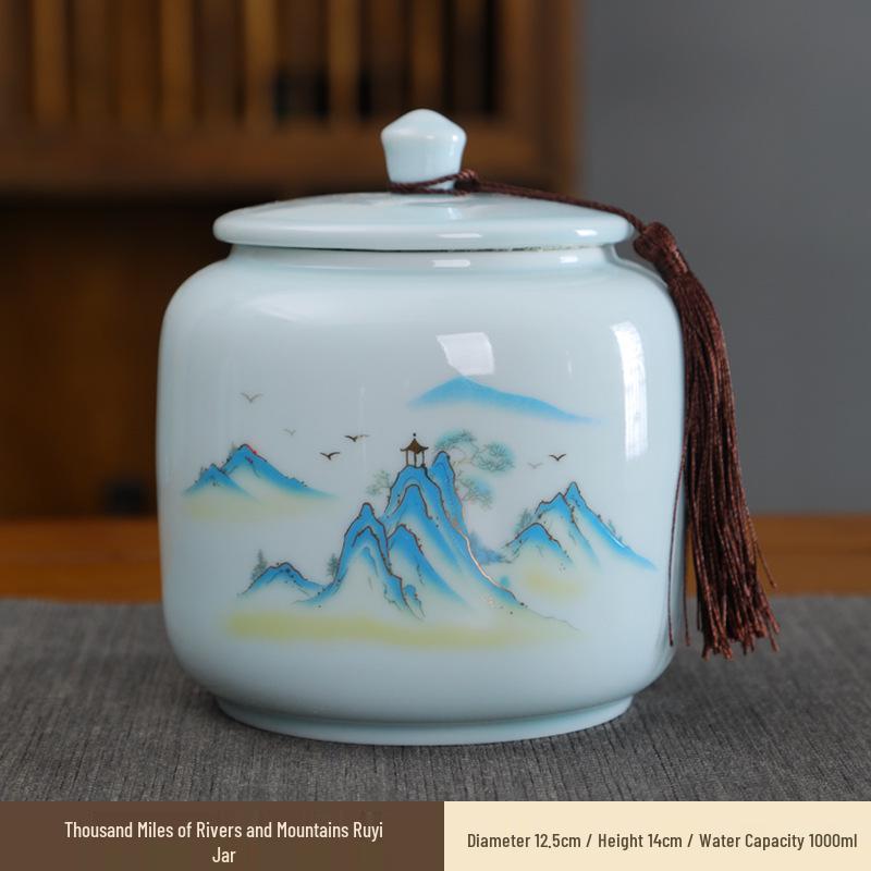Large Ceramic Tea Storage Canister for Red, Green, Longjing, Biluochun, and Pu'er Tea - Half Jin Capacity