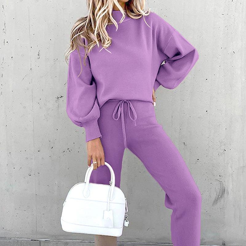 Autumn and Winter Women's Sweater High Collar Casual Pure Color Trousers Two-piece Set
