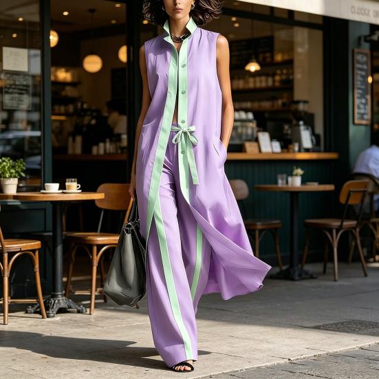 Women's 2 Piece Sets Color Block Sleeveless Button Down Shirts Matching Long Pants with Pockets Summer Casual Vacation Outfits