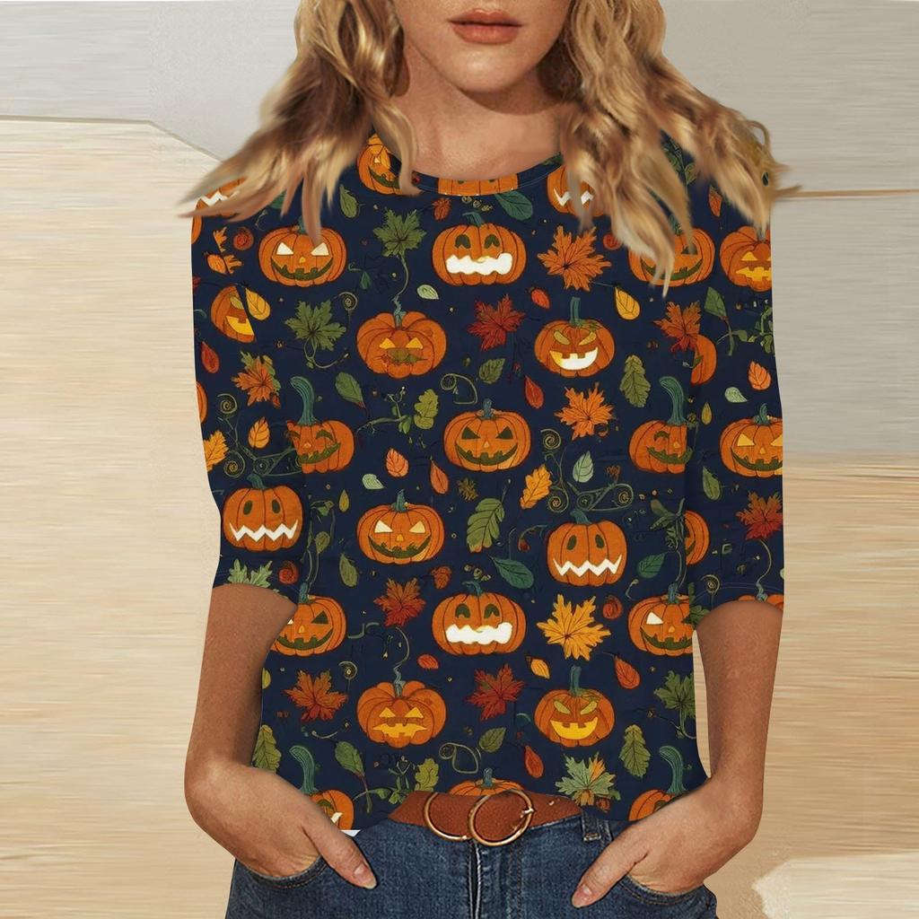 Women's Fashion Casual Three-quarter Sleeve Halloween Printed Round Neck Top