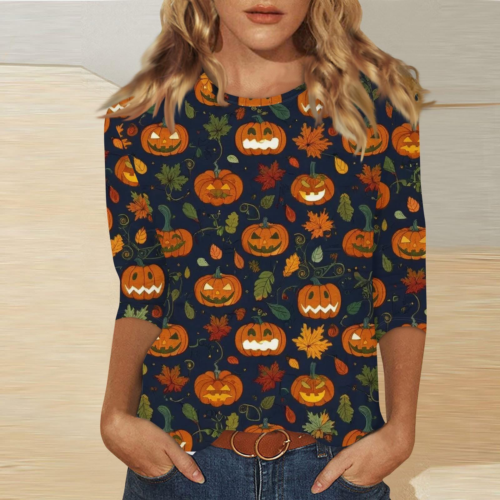 

Женская модная повседневная футболка с рукавом три четверти и принтом на Хэллоуин, с круглым вырезом XL