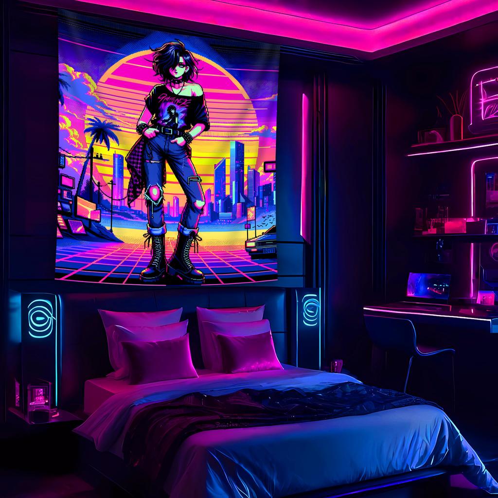 Retro Futuristic City Tapestry Vibrant 80s Style Wall Art for Bedroom or Living Room Large Decorative Hanging Add Neon Vibes