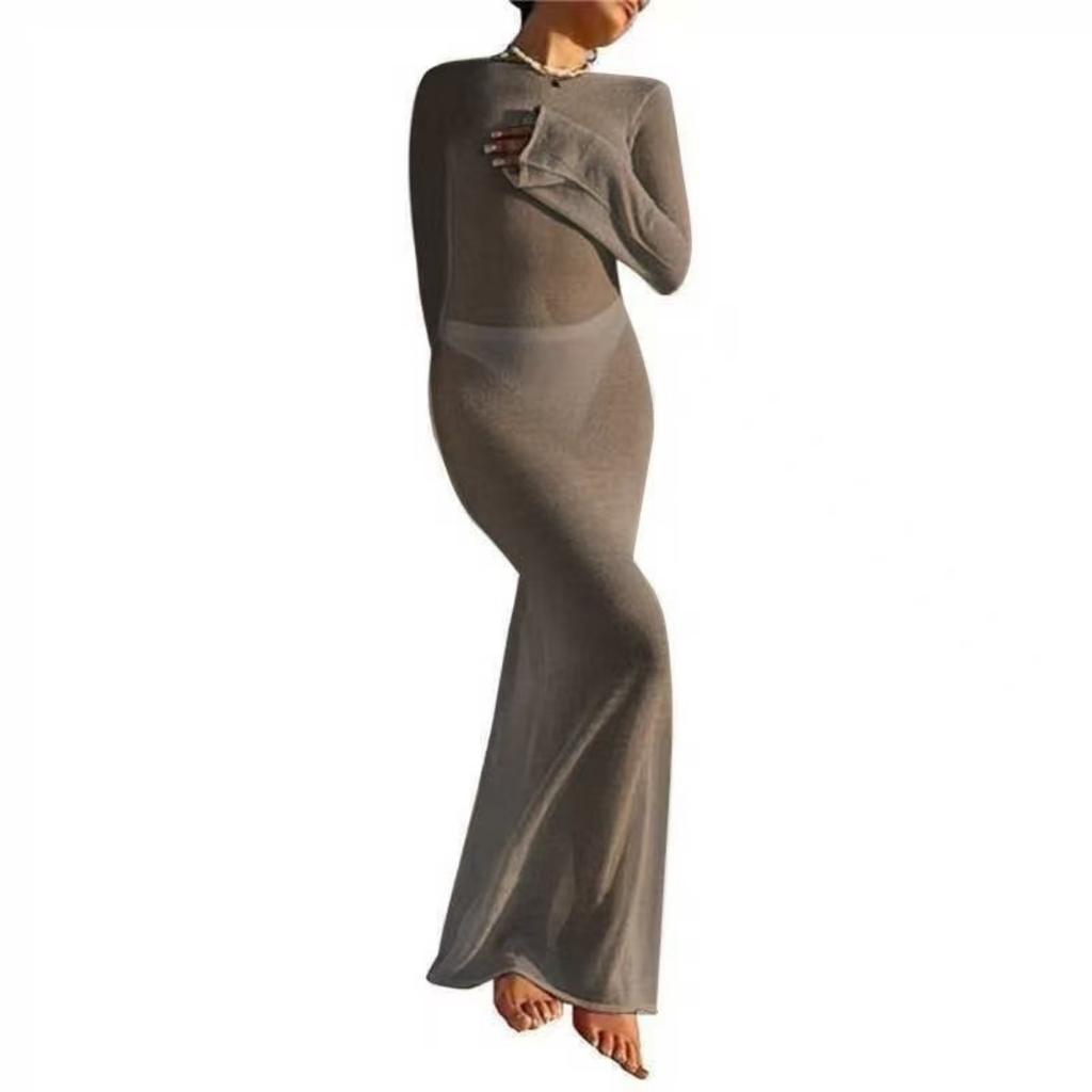 LYRIA Fashion Women Wrapped Dress Long Sleeve Round Neck See Through Sunscreen Solid Color Backless Beach Long Dress Summer Cover Up