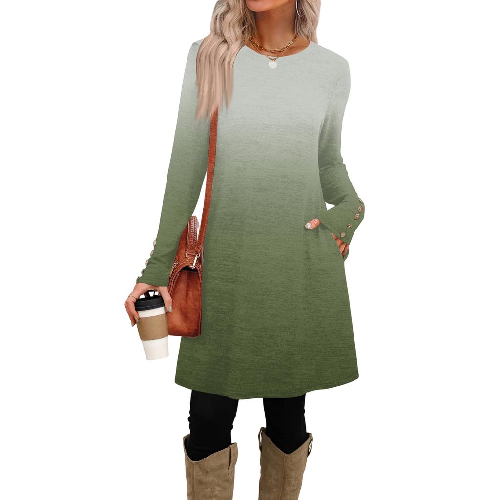 Damenmode Freizeitkleid mit Tasche, dekorativen Knöpfen, Rundhalsausschnitt und langen Ärmeln